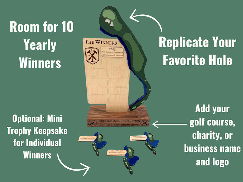 Custom Golf Tournament Trophy: Walnut & Maple, Replicated Hole Design. Unique for Annual Golf Trips