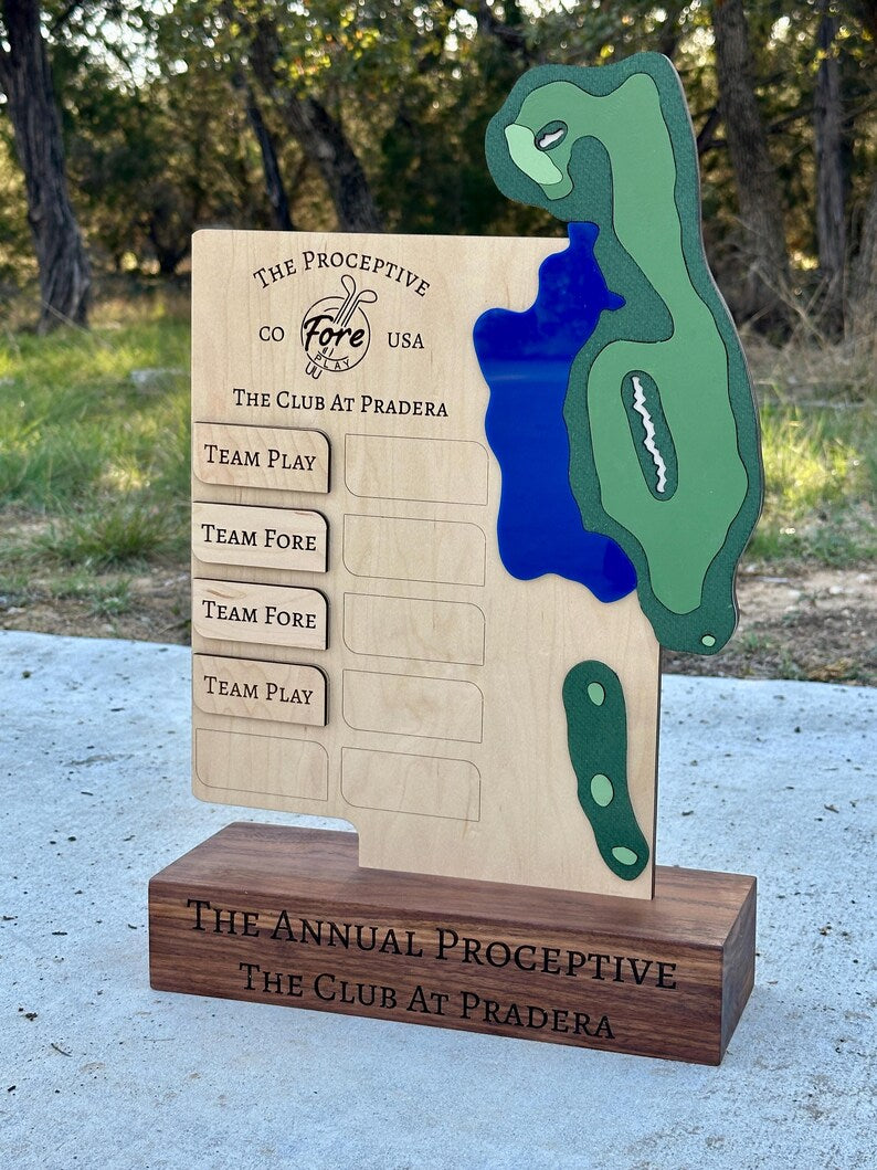 Custom Golf Tournament Trophy: Walnut & Maple, Replicated Hole Design. Unique for Annual Golf Trips