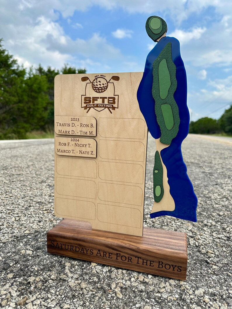 Custom Golf Tournament Trophy: Walnut & Maple, Replicated Hole Design. Unique for Annual Golf Trips