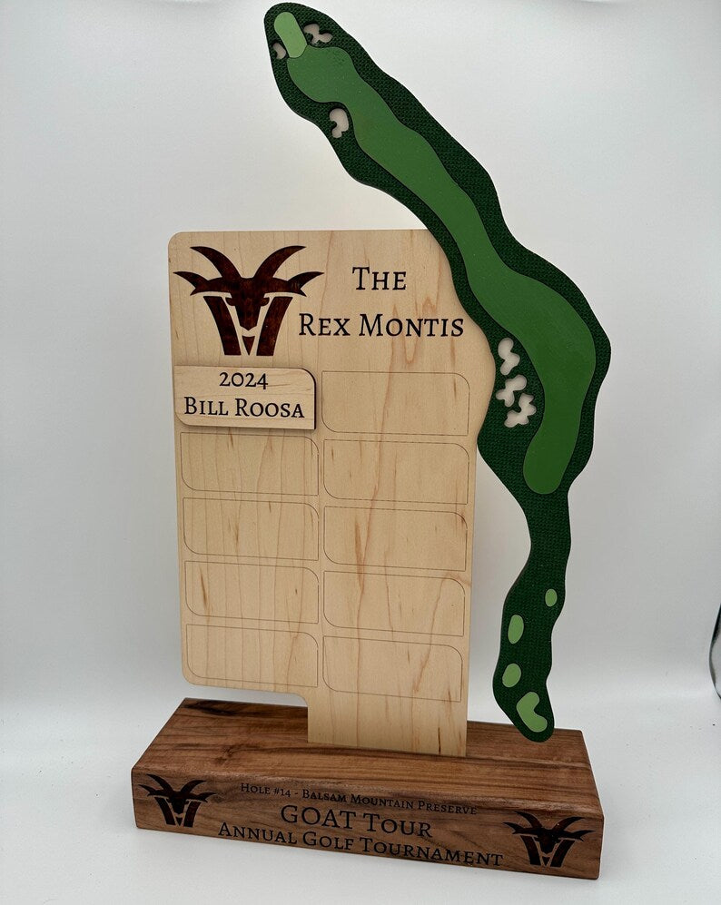 Custom Golf Tournament Trophy: Walnut & Maple, Replicated Hole Design. Unique for Annual Golf Trips