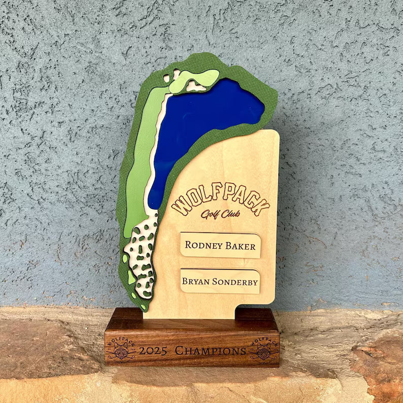 Custom Golf Tournament Trophy: Walnut & Maple, Replicated Hole Design. Unique for Annual Golf Trips