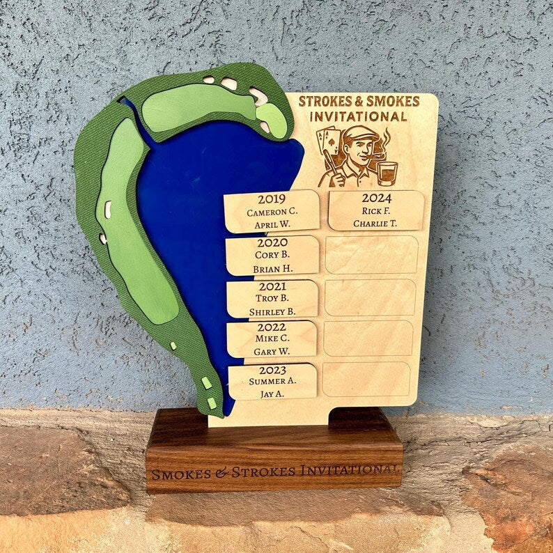 Custom Golf Tournament Trophy: Walnut & Maple, Replicated Hole Design. Unique for Annual Golf Trips